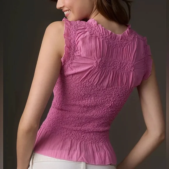 Anthropologie Textured Smocked Vest Top Pink Size Medium - Picture 3 of 11